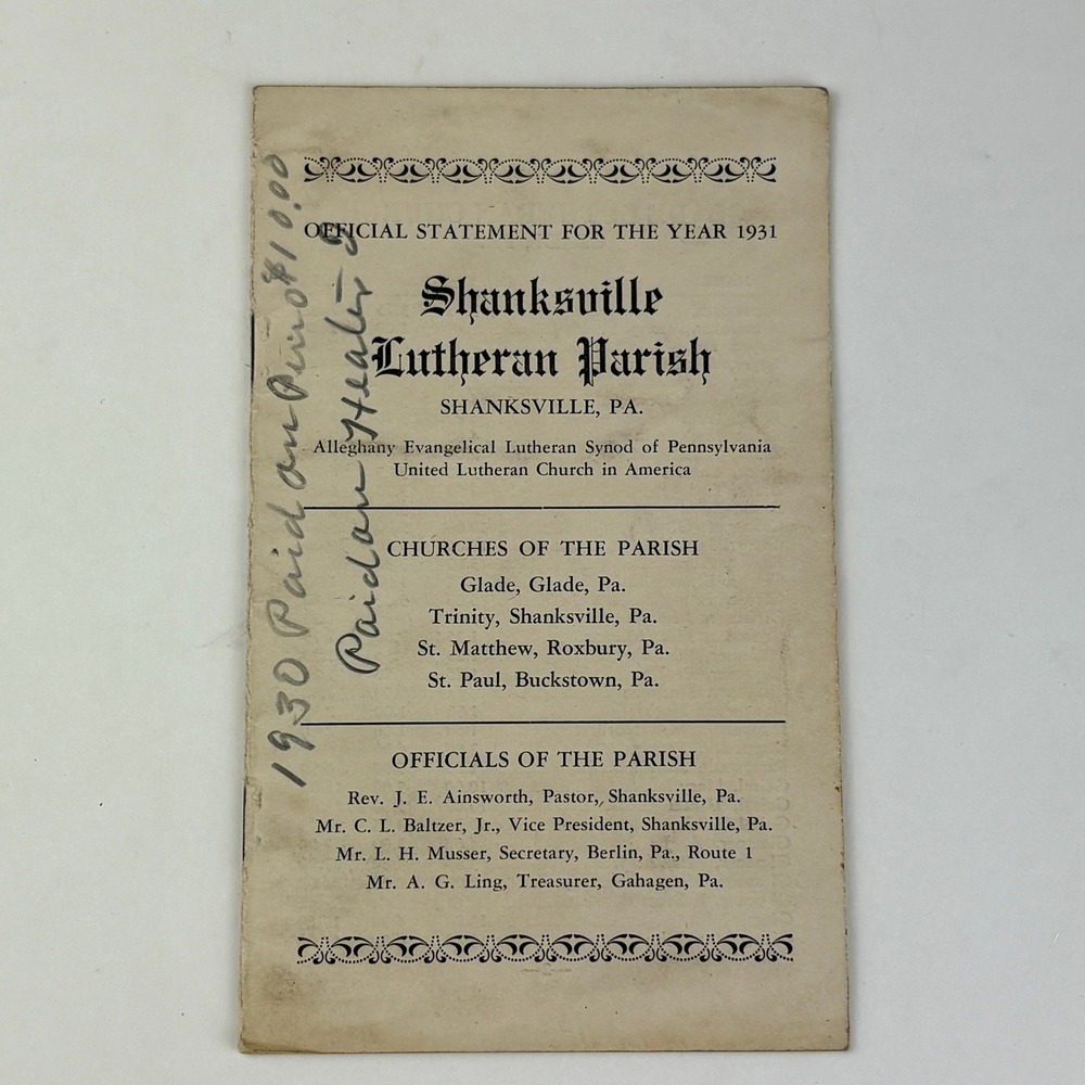 1931 Shanksville, Pennsylvania Lutheran Parish Financial Statement Booklet Ephem